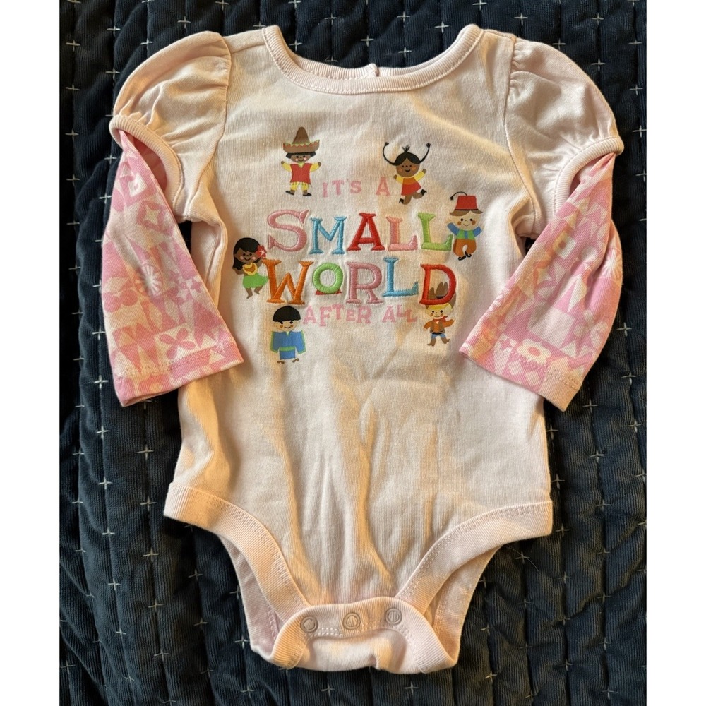 Disney Baby Romper Sz 6-9 Mos Long Sleeve Small World‎ Pink Snap Close